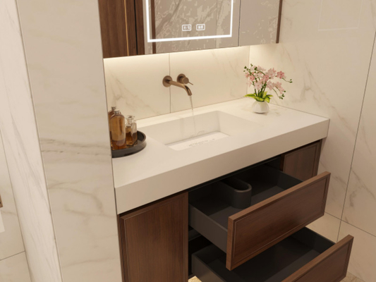 Custom Size Modern Bathroom Vanity Cabinet With Deep Brown Wood Grain Doors