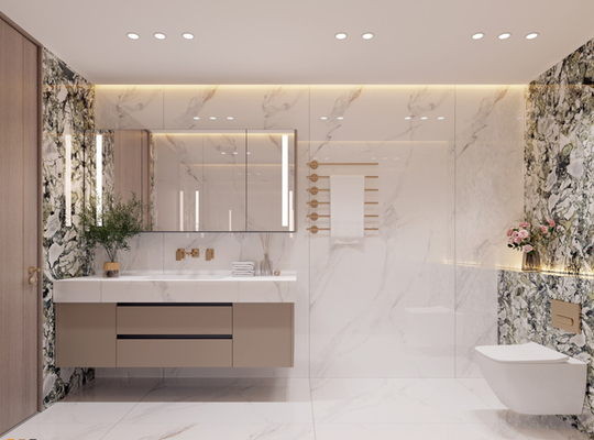 Sleek Stainless Steel Bathroom Vanity Cabinet White Quartz Top Gold Faucets And Square Mirror