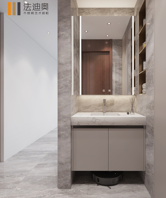 Handleless Stainless Steel Bathroom Cabinet With LED Mirror And Rock Slab Countertop
