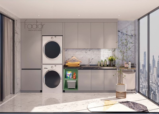 Light Gray Stainless Steel Balcony Storage Unit  With Lotus Green Open Cabinet