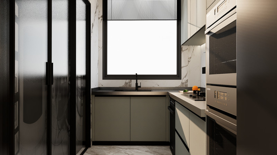 Sleek And Functional Green Bean Grey L Shape Kitchen Cabinets Modern Style