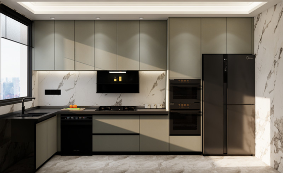 Sleek And Functional Green Bean Grey L Shape Kitchen Cabinets Modern Style