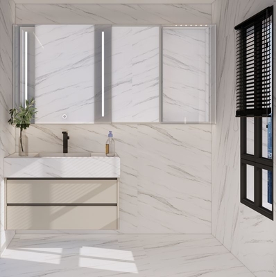 Gold-Handle Stainless Steel Bathroom Vanity With Integrated Ceramic Basin