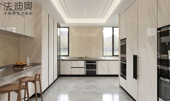 U-Shaped Stainless Steel Kitchen Cabinets With Sintered Stone Cladding Elegance In White