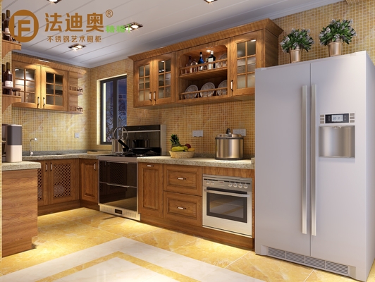 Wooden-Texture Stainless Steel Kitchen Cabinets With Glass Doors And Open Shelving