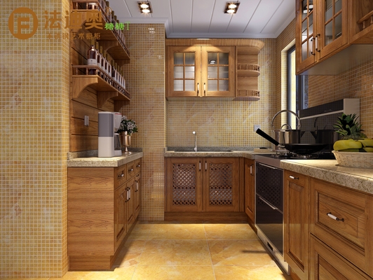 Wooden-Texture Stainless Steel Kitchen Cabinets With Glass Doors And Open Shelving