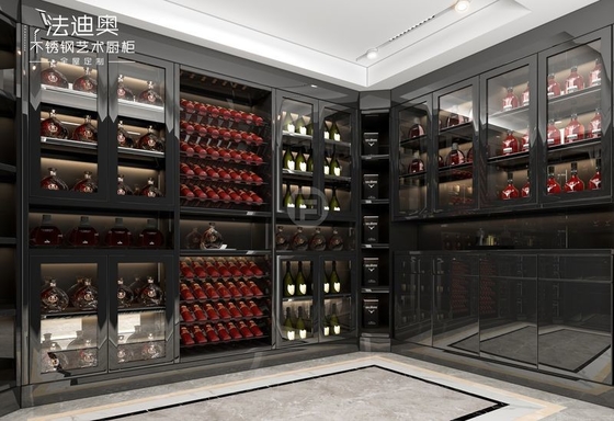 Stainless Steel Wine Cabinet With Black Glass Doors And Corner Storage