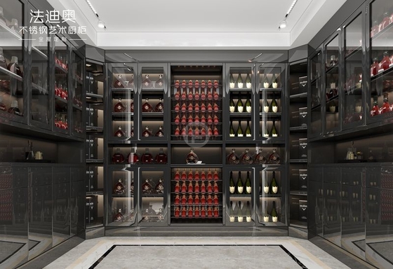 Stainless Steel Wine Cabinet With Black Glass Doors And Corner Storage