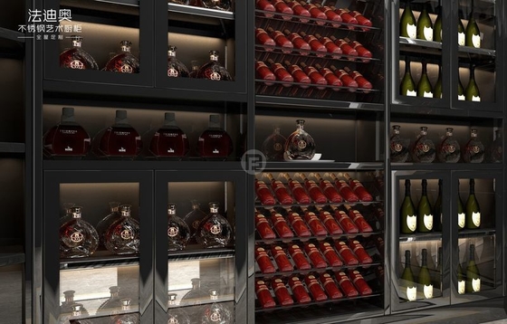 Stainless Steel Wine Cabinet With Black Glass Doors And Corner Storage