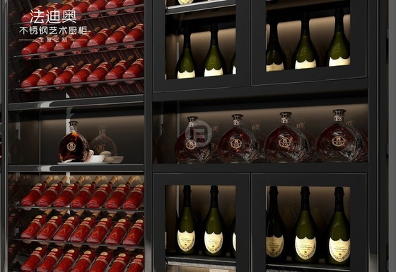 Stainless Steel Wine Cabinet With Black Glass Doors And Corner Storage