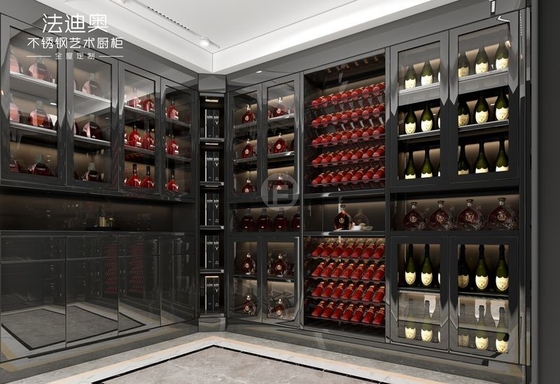 Stainless Steel Wine Cabinet With Black Glass Doors And Corner Storage