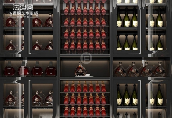 Stainless Steel Wine Cabinet With Black Glass Doors And Corner Storage