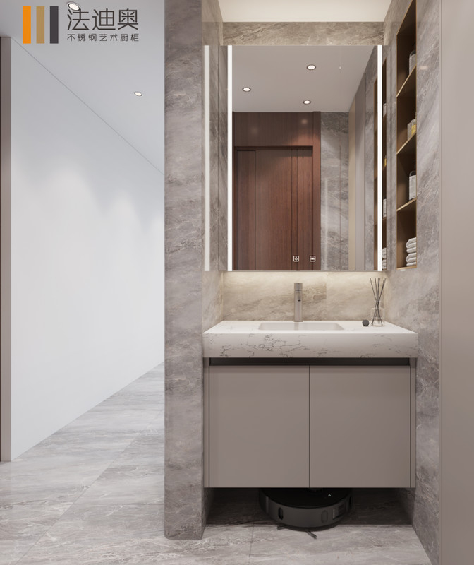 Handleless Stainless Steel Bathroom Cabinet With LED Mirror And Rock Slab Countertop