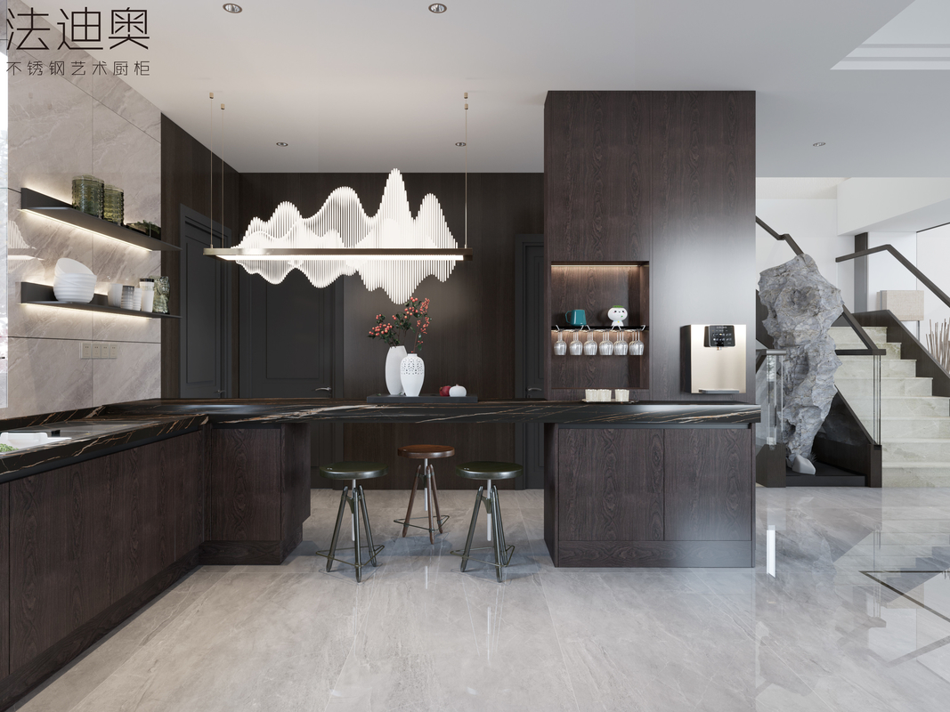 Luxe Espresso Wood Grain Stainless Steel Cabinets For Timeless Kitchen Elegance
