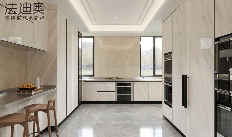 U-Shaped Stainless Steel Kitchen Cabinets With Sintered Stone Cladding Elegance In White