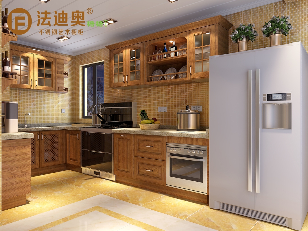 Wooden-Texture Stainless Steel Kitchen Cabinets With Glass Doors And Open Shelving