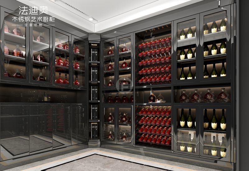 Stainless Steel Wine Cabinet With Black Glass Doors And Corner Storage