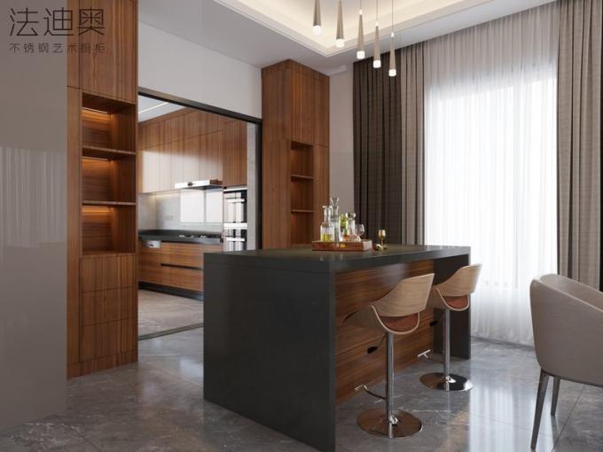 Luxurious, Refined, And Resilient Light Brown Wood Grain Stainless Steel Cabinetry - the collectionâs latest Chinese-style stainless steel kitchen design with room context